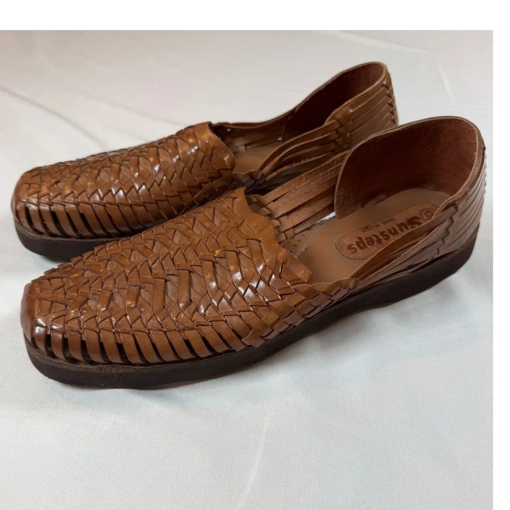 Sunsteps Brown Leather Huarache Sandals Hand Woven Slip On Flats Mens 12